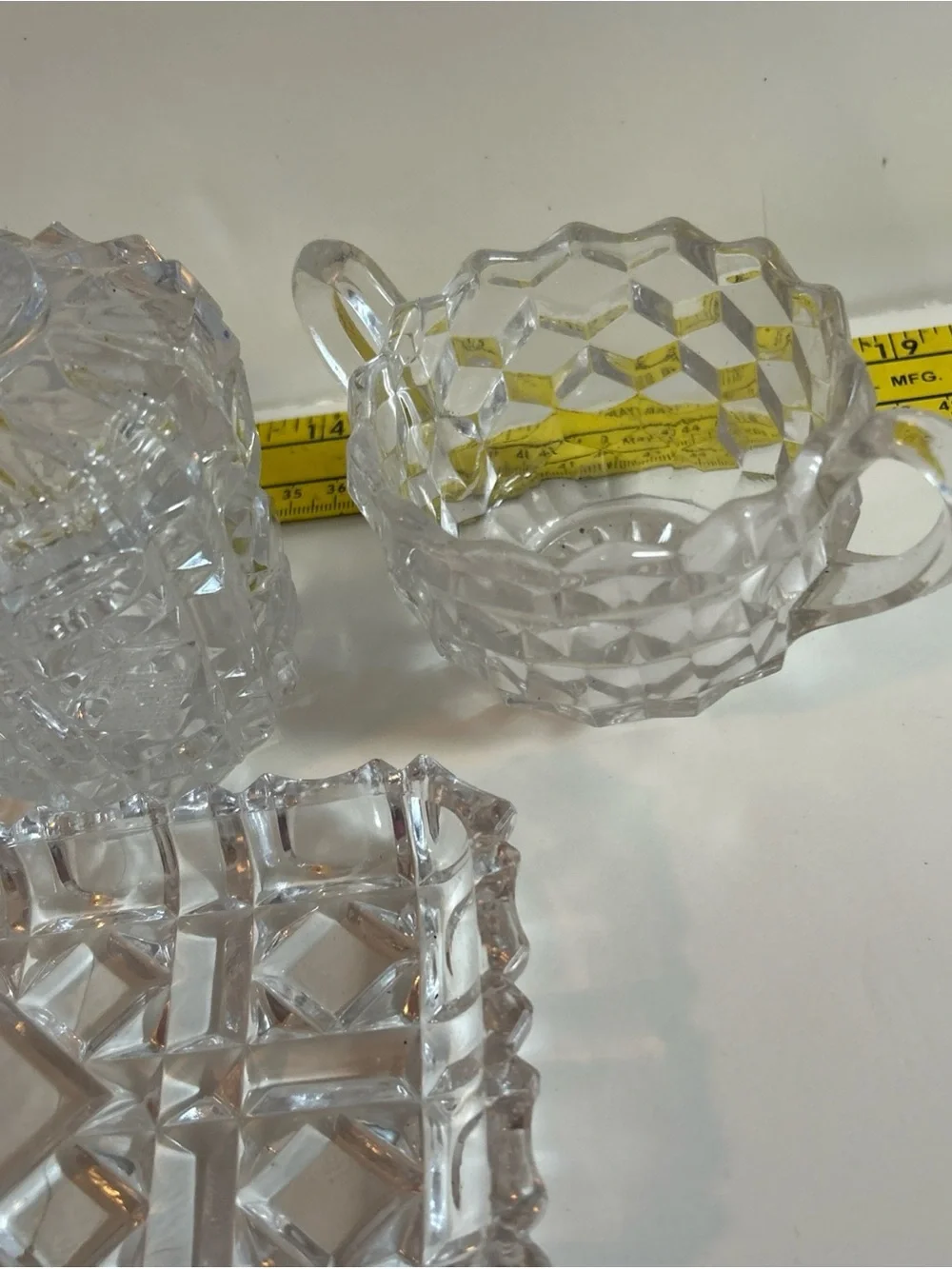 American Brilliant Elegant Cut Glass Creamer, Sugar bowl with Lid, and Tray